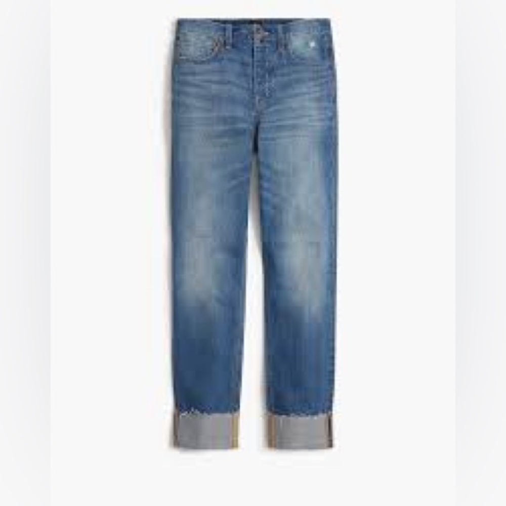 J. Crew Premium Edition High-Rise Straight Cuffed Raw Hem Distressed Jean
